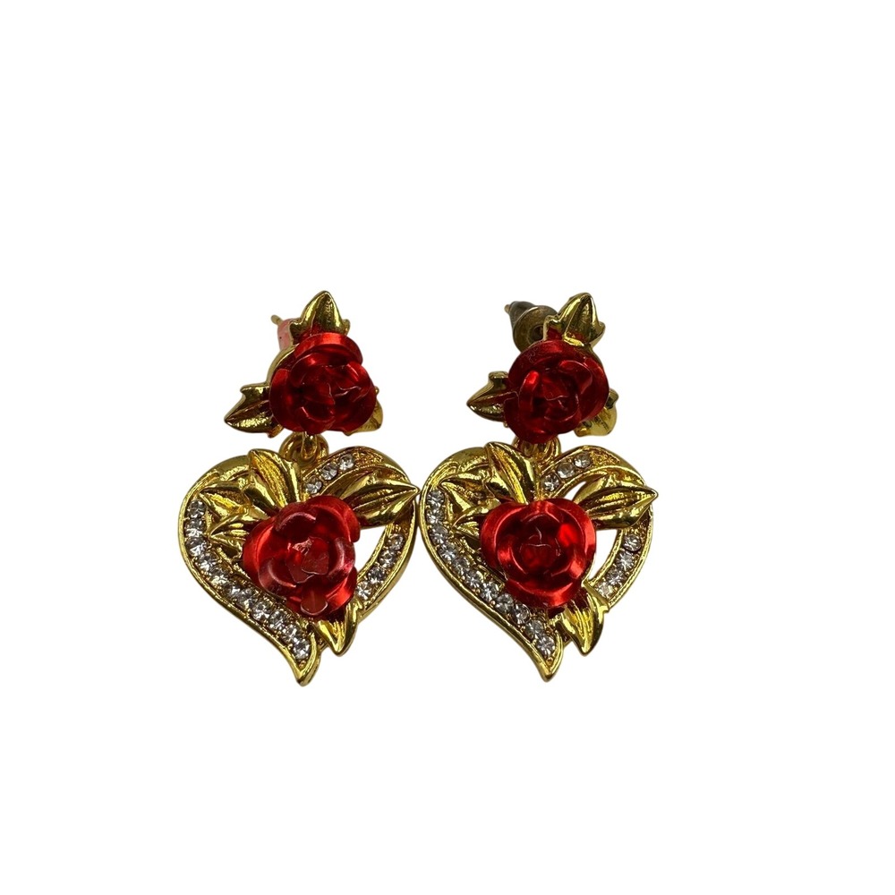 Vintage Red Rose Gold Tone Heart Drop Earrings Rhinestone Accent Romantic Floral